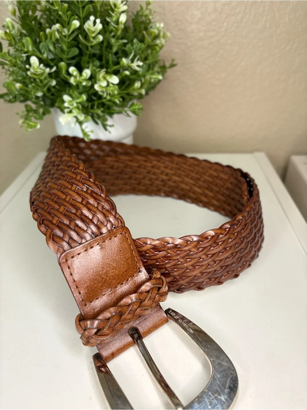 Michael Kors Brown Woven Leather Belt Silver Buckle Size Large